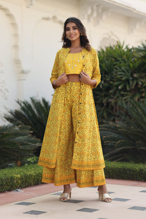 MULMUL USHARVI FLORAL JAAL BLOCK PRINTED TOP-PANELED PLAZZO & SHRUG SET MULMUL USHARVI FLORAL JAAL BLOCK PRINTED TOP-PANELED PLAZZO & SHRUG SET